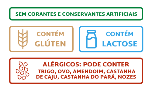 sem corantes e conservantes, contem gluten e lactose, contem traços de trigo, ovo e castanhas